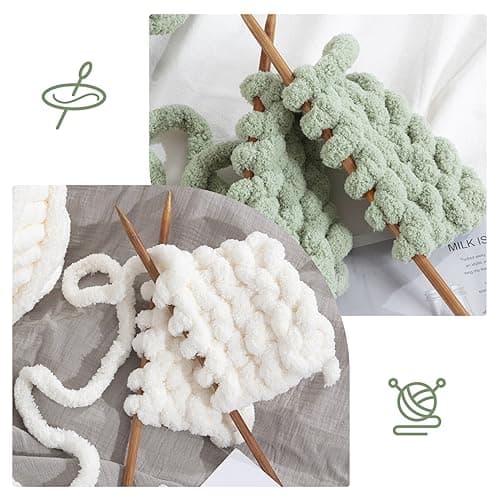 HOMBYS 8 Pack Assorted Chunky Yarn for Crocheting,Super Bulky Large Soft Fluffy Yarn,Plush Fuzzy Yarn,Thick Chenille Yarn for Hand Knitting/Arm Knitting,4 White & 4 Sage Green(27yds,8 oz Each Skein) - Image 4