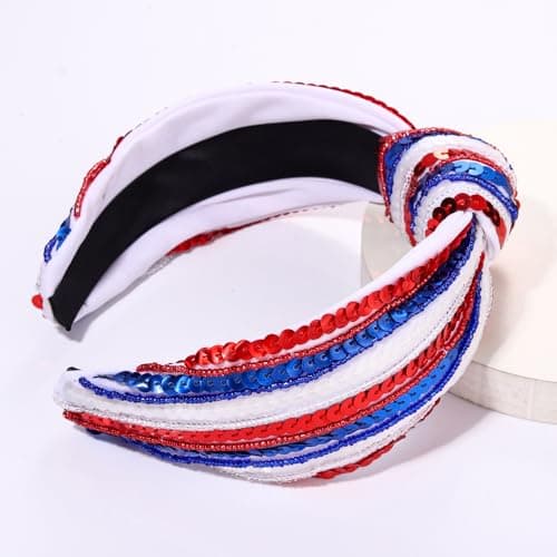 4 th of July Headband for Women Girls Fourth of July Knotted Headband Red White and Blue Sequin Beaded Patriotic Hairband American Flag USA Independence Day Head Band Hair Accessories Gifts - Image 7