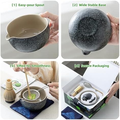 TEANAGOO Matcha Whisk Set Black,7 Pcs Matcha Set,Matcha Kit for Ceremony,Tradition Tea Set for Making Breakfast/Latte,Matcha Whisk Set with Bowl(Chawan)/Whisk and Holder,Gift for Family/Friend Charcoal Black 1 7pcs/set, Bowl with pouring spout - Image 4