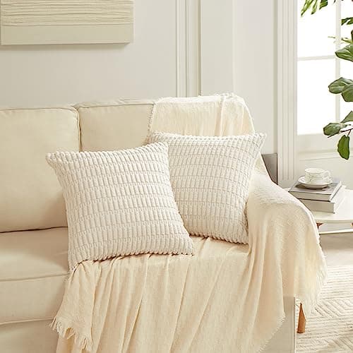 Fancy Homi 4 Packs Neutral Decorative Throw Pillow Covers 18x18 Inch for Living Room Couch Bed Sofa, Rustic Farmhouse Boho Home Decor, Soft Plush Striped Corduroy Square Cushion Case 45x45 cm - Image 6