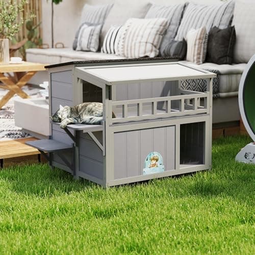 Outdoor Cat House, 2-Tier Warm Wood Cat Shelter with Sunlight Roof, Balcony, Jumping Platforms, Kitty Pet Porch Enclosure, Weatherproof, Openable, Gray - Image 7