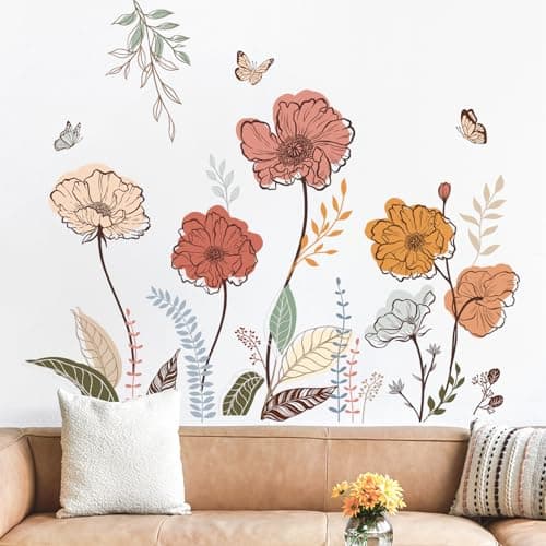 wondever Boho Flower Wall Stickers Wildflower Floral Grass Peel and Stick Wall Art Decals for Living Room Bedroom TV Wall - Image 2