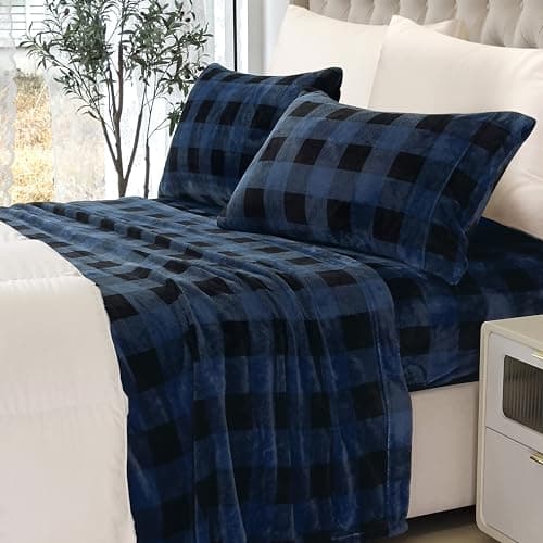 Elegant Comfort Luxuriously Soft 4-Piece Velvet Plush Flannel Sheet Set - Premium Quality - Cozy Warm, Anti-Static, Non Pilling Fuzzy Velvet Flannel Fleece Deep Pocket Sheet Set - Queen, Buffalo Blue - Image 6