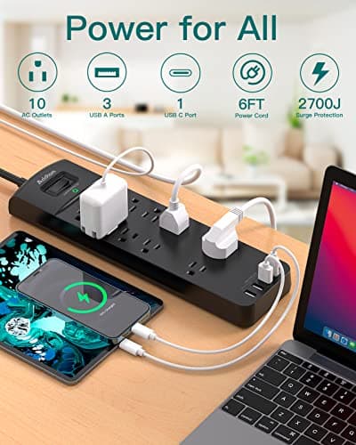 Power Strip - Addtam Surge Protector with 10 Outlets and 4 USB Ports, 6 Feet Extension Cord with Flat Plug, 2700 Joules, ETL Listed, Black - Image 2