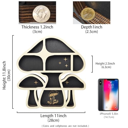 FNYDOX Wooden Mushroom Floating Shelves, Crystal Display Shelf for Wall, Cute Mushroom Wall Decor, Rock Gem Stone Storage Organizer, Essential Oil Holder Hanging Case, Meditation Art Spiritual Gift - Image 3