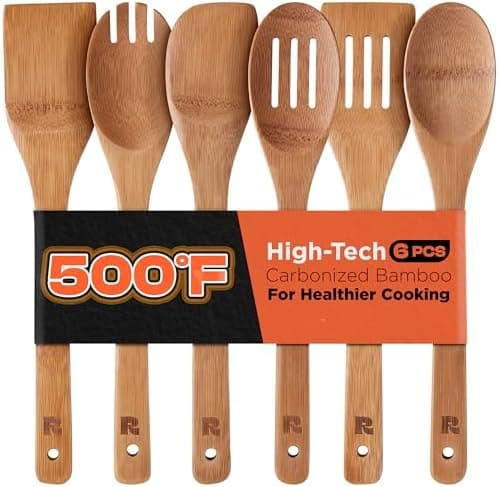 Amazon.com: Riveira Dark Bamboo Wooden Spoons for Cooking 6-Piece, Apartment Essentials Wood Spatula Spoon Nonstick Kitchen Utensil Set Premium Quality Housewarming Gifts for Everyday Use: Home & Kitchen - Image 2