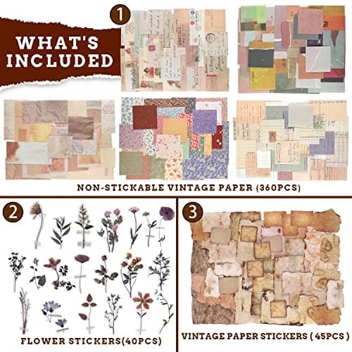 445 PCS Vintage Scrapbook Paper Journaling Scrapbooking Supplies Kit Aesthetic Decorative Craft Paper include 40 Sheet Flowers Stickers for Planner, Bullet Journaling, Junk Journal, Retro Crafts - Image 6