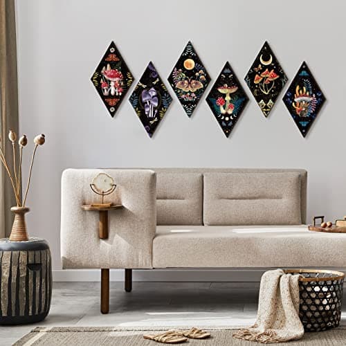 Sintuff 6 Pieces Halloween Gothic Wall Decor Boho Sun Moon Phases Wall Art Gothic Minimalist Stars Sun Hanging Wooden Home Decor Farmhouse Pediments for Gallery Living Bedroom Room(Mushroom) - Image 5