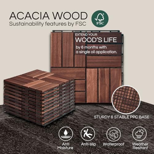 THYOI Deck Tiles, Patio Flooring - Outdoor Waterproof Acacia Wood Tiles for All Weather Use - Balcony, Backyard, Indoor & Outdoor (Dark Brown Crossed Pattern, 10 Pcs - 10 Square Ft) - Image 4