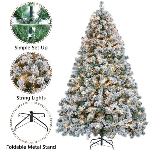 Yaheetech 6ft Pre-lit Artificial Christmas Tree with Incandescent Warm White Lights, Snow Flocked Full Prelighted Xmas Tree W/820 Branch Tips, 250 Incandescent Lights & Foldable Stand, Green & White - Image 2