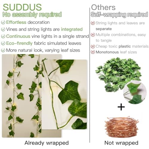 suddus Vine with Fairy Lights Battery Operated, 33ft 100 LED Ivy String Lights with Remote, Leaf Lights for Bedroom, Room, Wall, Garden, Party, Wedding Decor (Warm White) - Image 4