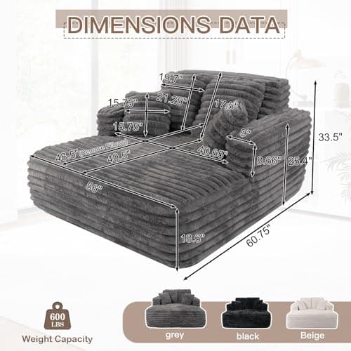 JEEOHEY 56"W Oversized Chaise Lounge Chair Indoor,Plush Faux Fur Sleeper Sofa Couch Bed with Pillows&Wide Armrest,Fluffy Comfy Cloud Sofa,Compression Foam Boneless Couch for Living Room,Bedroom(Grey) - Image 2