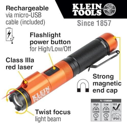 Klein Tools 56040 Magnetic LED Flashlight, 350 Lumen Rechargeable Flashlight, Twist Focus, Laser Pointer, Hands-Free, USB Charging Cable, for Work and Outdoor - Image 2