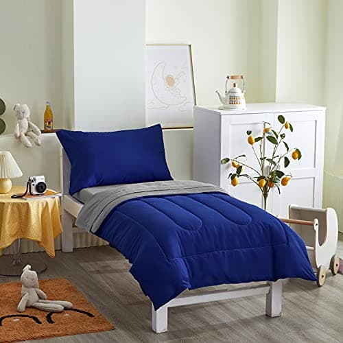 4 Pieces Toddler Bedding Set Ultra Soft and Breathable Toddler Comforter Sheet Set for Autumu and Winter- Includes Warm Comforter, Flat Sheet, Fitted Sheet and Pillowcase - Royal Blue & Gray - Image 4
