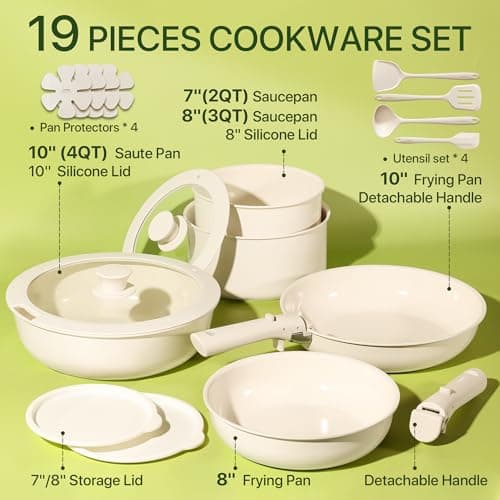 CAROTE 19pcs Pots and Pans Set Non Stick, Ceramic Cookware Sets, Oven/Fridge Safe, Space Saving Pots Set, Nonstick Cooking Set with Versatile Detachable Handle, Induction RV Set, Cream White - Image 2