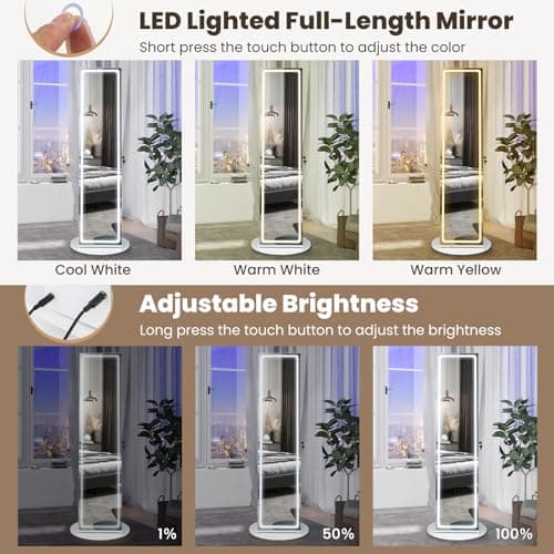 CHARMAID 360° Rotating Jewelry Armoire with LED Lighted Full Length Mirror & Built-in Vanity Mirror, Lockable Standing Jewelry Cabinet with Lights, Large Storage Organizer for Jewelry (White) - Image 3