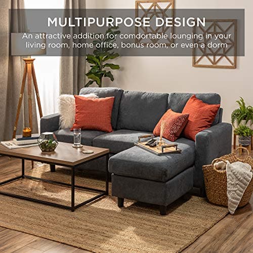 Best Choice Products Upholstered Sectional Sofa for Home, Apartment, Dorm, Bonus Room, Compact Spaces w/Chaise Lounge, 3-Seat, L-Shape Design, Reversible Ottoman Bench, 680lb Capacity - Blue/Gray - Image 5