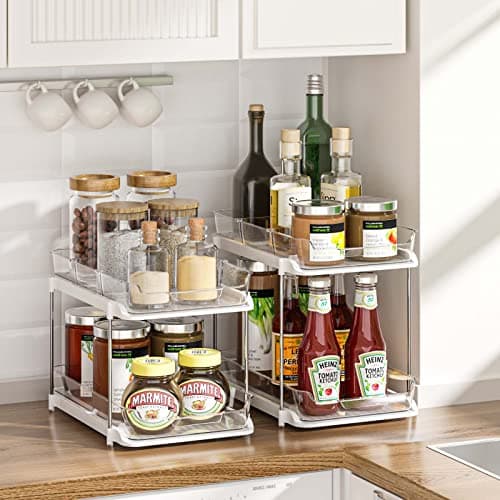 Delamu 2 Sets of 2-Tier Multi-Purpose Bathroom Under Sink Organizers and Storage, Stackable Kitchen Pantry Organization, Pull Out Medicine Cabinet Organizer with 8 Movable Dividers - Image 7