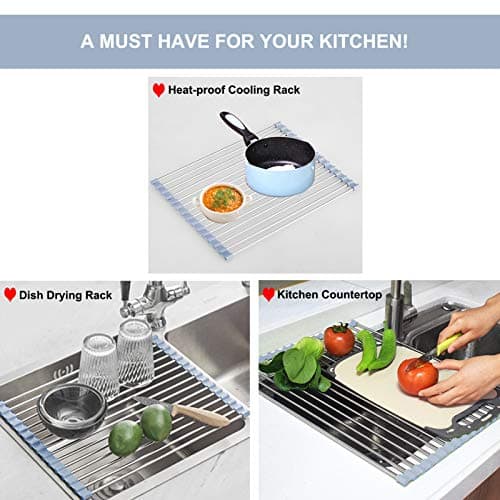 MECHEER Over The Sink Dish Drying Rack, Roll Up Dish Drying Rack Kitchen Dish Rack Stainless Steel Sink Drying Rack, Foldable Dish Drainer, Gray - Image 4