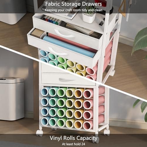 VENNQD Organizer and Storage Stand Compatible with Cricut Machines,Rolling Storage Cart/Shelf with 24 Vinyl Roll Holders，2 Fabric Drawer,Accessories Holder,Tool Hook for Craft Room Home (white) - Image 4