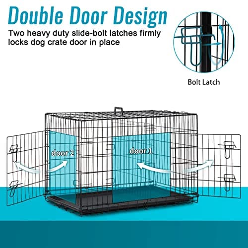 FDW Dog Crate for Small Dogs 24 Inch Folding Metal WirePet Cage Double Door W/Divider Panel Indoor Outdoor Kennel Leak-Proof Plastic Tray,Black - Image 3