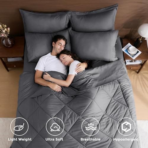 HEVUMYI 7 Pieces Queen Comforter Set, All Season Reversible Bed in a Bag Queen, Ultra Soft Queen Bedding Set with Grey Comforter, Flat Sheet, Fitted Sheet, Pillowcases, Pillow Shams, Dark Grey - Image 2