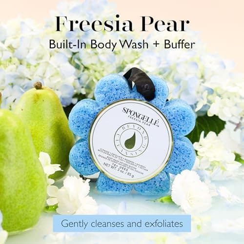 Spongelle Freesia Pear Wild Flower Buffer Body Scrubber | Bath & Shower Loofah for Women | Exfoliator with Body Wash Infused Sponge | 14+ uses - Image 2