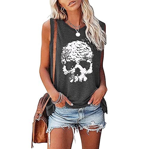 Skull Tank Tops for Women Funny Gothic Graphic Sleeveless Shirts Horror Skeleton Rock Tees Workout Summer Casual Tank Tops Grey, M - Image 2