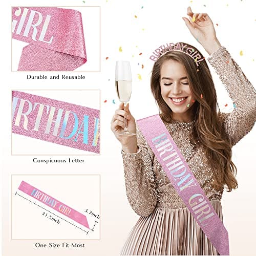 PQRUU Glitter Birthday Sash, Tiara and Rhinestone Headband Set - Pink Birthday Accessories for Her - Image 3