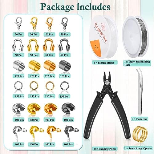 Acejoz 2160 Pieces Crimp Beads Kit for Jewelry Making, Knot Covers, Crimp Bead Covers, Crimp Tubes, Jump Rings and Wire Guardians with Crimping Pliers, Elastic String for Bracelets Necklaces Making - Image 2