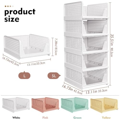 SNSLXH 5 Pack Stackable Closet Storage Basket, Multifunctional & Foldable Closet Organizer for Bathroom Kitchen Laundry Room Wardrobe Storage, Space-Saving Clothes Storage Drawer Organizer, White - Image 2