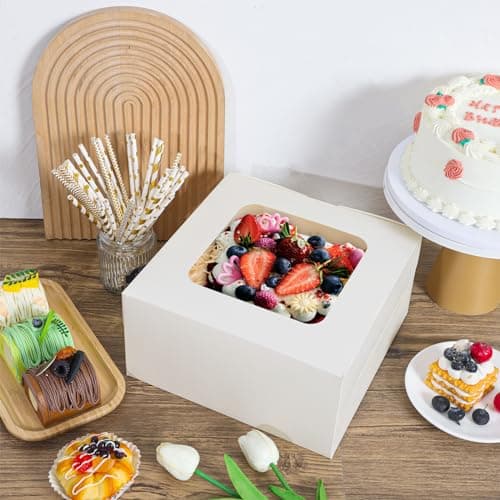 Moretoes 24pcs Cake Boxes, 10x10x5 Inches White Square Bakery Boxes with Window Cajas Pasteles for Cake, Mother's Day, Pastries, Chocolates, Cookies, Pie, Birthday Party, Wedding - Image 3