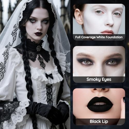 CAHOTO Halloween Goth SFX Makeup Kit, Complete Gothic Makeup Set Include White Liquid Foundation, Eyeliner, Setting Powder, Eyeshadow & Black Lipstick for Halloween Cosplay, Carnival, Theater - Image 4