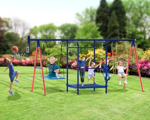 Swing Sets for Backyard, 5-in-1 Toddler Swing Set Outdoor for Backyard for Kids 3-12, Heavy Duty Extra Large Kids Metal Swing Set with 3 Swings Trampoline Basketball Hoop