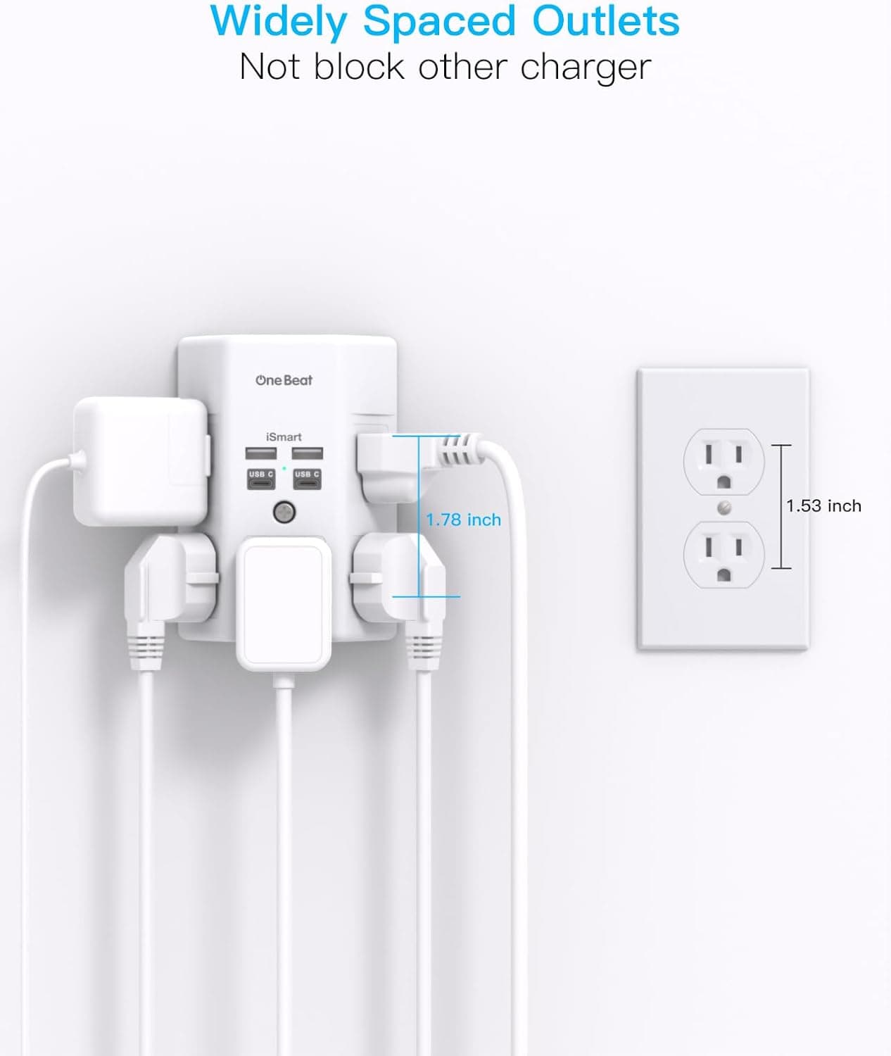 One Beat 1680J 3 Side Power Strip Multi Plug Expander, Surge Protector, 5 Outlets Extender, 4 USB Ports (USB C), Wall Mount Charger, Outlet Splitter Adapter for Home, Travel, Office, ETL Listed, White 15.5W,1Pack,None White - Image 8