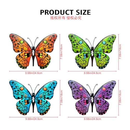 Metal Butterfly Wall Decor - 9.6" Outdoor Fence Wall Art Decor, Hanging Decoration for Garden Yard Living Room Bedroom Patio Balcony(4 Pack) - Image 4