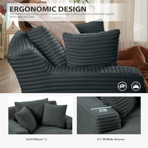 50 Inch Chaise Lounge Chair Indoor, Oversized Corduroy Upholstered Boneless Sofa Bed, Deep Seat Sleeper Couch Reading Chairs, Cloud Sofas Couches for Living Room, No Assembly Required (Dark Grey) - Image 5