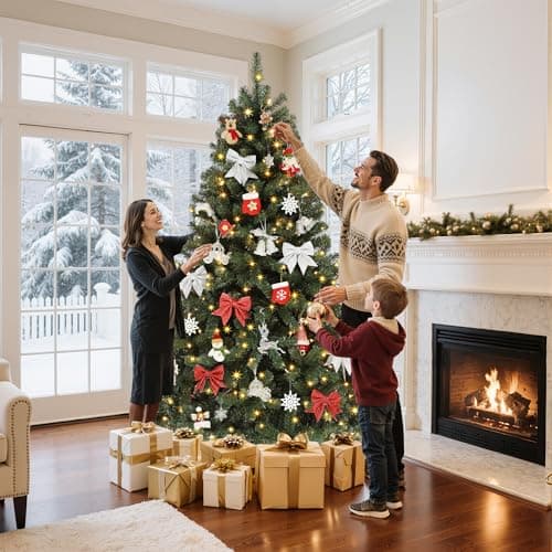 GOOBED Prelit Green Christmas Tree 7.5FT with Remote Control, Pre-Lit Green Artificial Hinged Spruce Christmas Tree with 1450 Tips, 550 LED Lights and 11 Light-Modes for Home, Party Decoration - Image 2