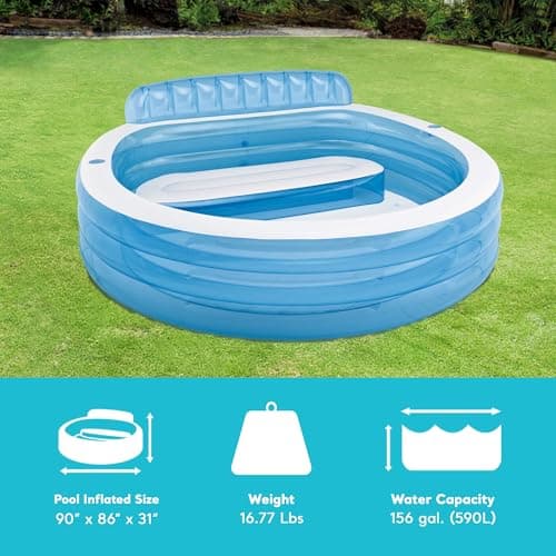 INTEX Swim Center Inflatable Family Lounge Pool: Built-In Bench – Cup Holder – 156 Gallon Capacity – 90" x 86" x 31" – Blue - Image 4