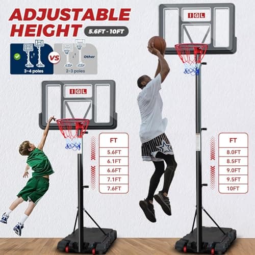 IGL Portable Basketball Hoop, 5.6-10FT Adjustable Basketball Goal System, 44 Inch Outdoor Basketball Hoop & Goals for Kids, Youth, and Adults in The Backyard, Driveway with PC Backboard (Black) - Image 4
