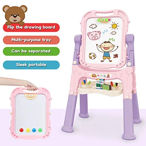 Mojitodon Art Easel for Kids, Adjustable Standing Rotatable Double Sided Easel with Painting Accessories for Toddlers Boys and Girls-Pink - Image 5