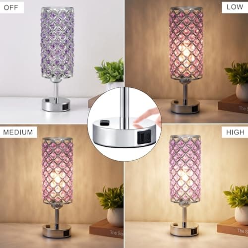 Hong-in Crystal Lamps Set of 2, 3 Way Dimmable Touch Lamp with Crystal Shade, Bedside Nightstand Lamps for Living Room Bedroom Home Office(Purple) - Image 4