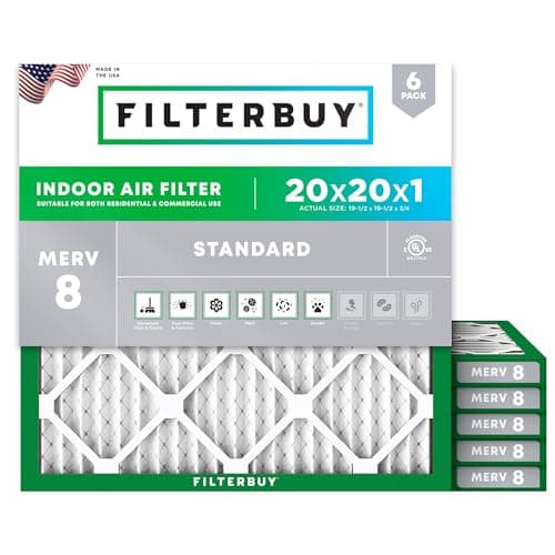 Filterbuy 20x20x1 Air Filter MERV 8 Dust Defense (6-Pack), Pleated HVAC AC Furnace Air Filters Replacement (Actual Size: 19.50 x 19.50 x 0.75 Inches)