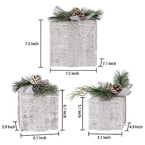 Hourleey Set of 3 Christmas Lighted Gift Boxes, Pre-lit 60 LED Light Up Present Boxes Ornament Outdoor Warm White Tinsel Boxes Decoration for Indoor Christmas Home Yard Lawn Decor - Image 2