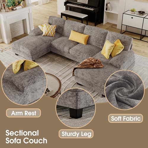 Furmax Sectional Couches for Living Room, U-Shaped Sofa Couch with Linen Fabric, 4 Seat Sofa Set with Double Chaise for Apartment (Fabric, Grey) - Image 5