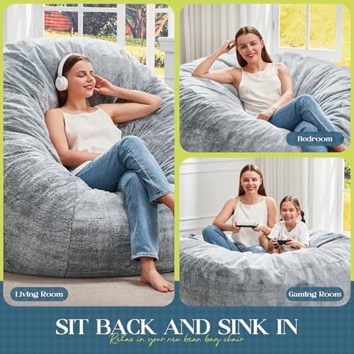 Hobestluk Bean Bag Chairs Giant Beanbag Chair with Filler, Memory Foam Bean Bags with Fluffy & Machine Washable Cover, Bean Bag Chairs for Aduts for Living Room, Bedroom (Grey, 5FT - 50” x 50” x 24”) - Image 5