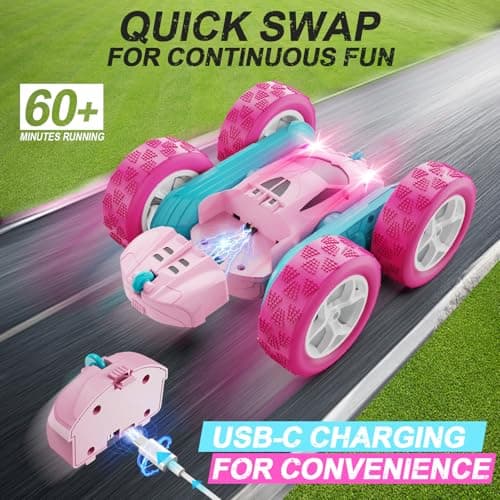 QUNREDA RC Cars, Pink Remote Control Car for Girls, 2.4 GHZ Double Sided RC Stunt Car 360° Rotating Remote Control Crawler with Headlights Car Toys for 6 7 8 9 10 11 12 Girls Birthday Gift - Image 2