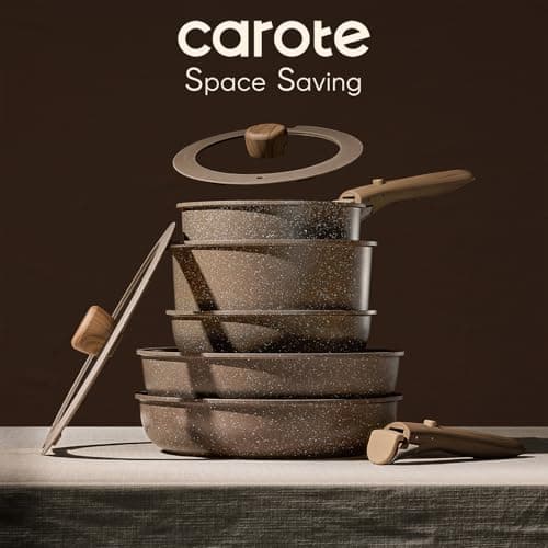 CAROTE 17PCS Pots and Pans Set Non Stick with Detachable Handle, Nonstick Cookware Sets, Cooking Kitchen Set, Oven/Dishwasher Safe, Induction Cookware, Brown, RV Kitchen Pot and Pan - Image 5