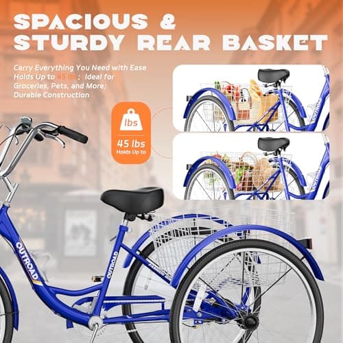 Adult Tricycle with Large Basket 24/26 Inch, Stable 3-Wheel Cruise Bicycle for Shopping, Beach and City Trike Perfect for Men, Women, Seniors(24 Blue) - Image 2