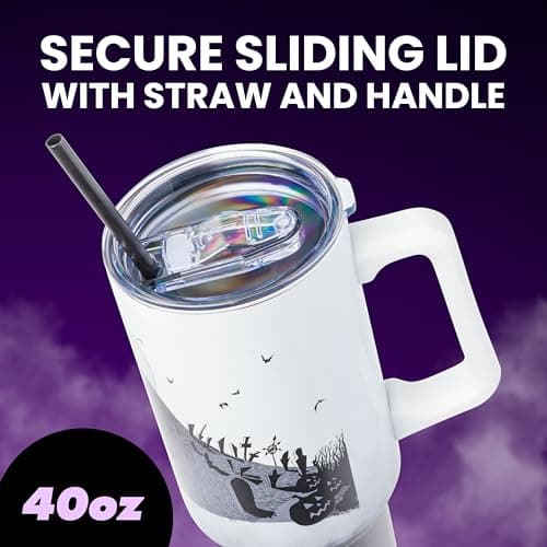 Silver Buffalo Disney Nightmare Before Christmas by Tim Burton Jack Skellington Hill and Moon Stainless Steel Tumbler with Handle and Straw, Fits in Standard Cup Holder, 40 Ounces - Image 9